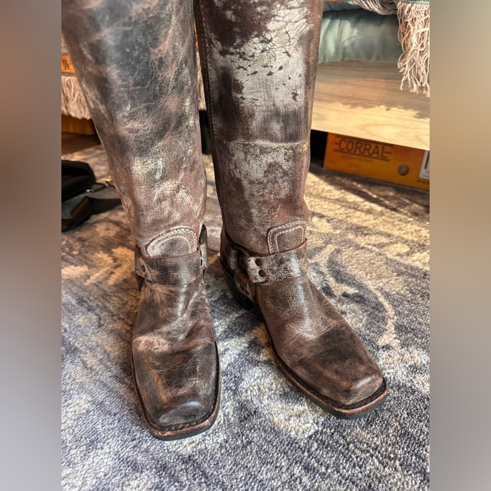Frye Tall Harness Distressed Brown Leather Boots - Picture 8 of 14